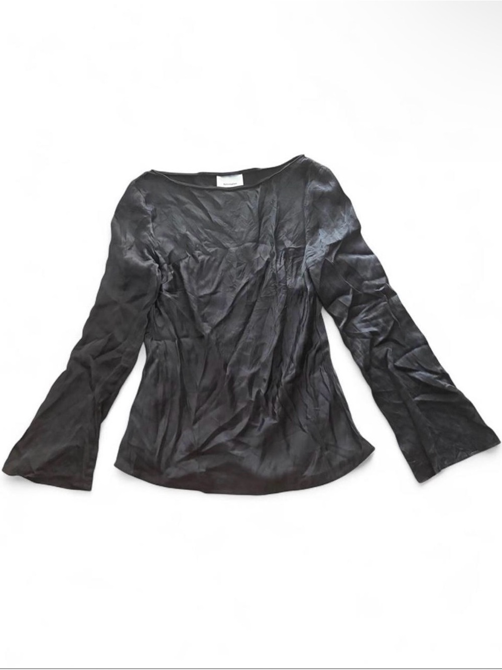 Reformation Black Silk Scoop-Neck Blouse with Flared Sleeves